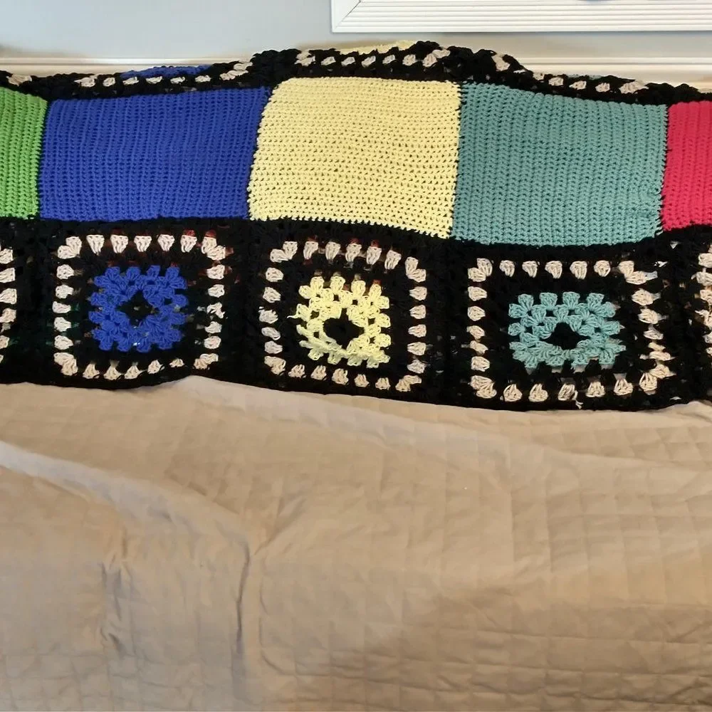 Hand Crafted Crochet Blanket Afghan Granny Square Twin X Long Multi color 72x32